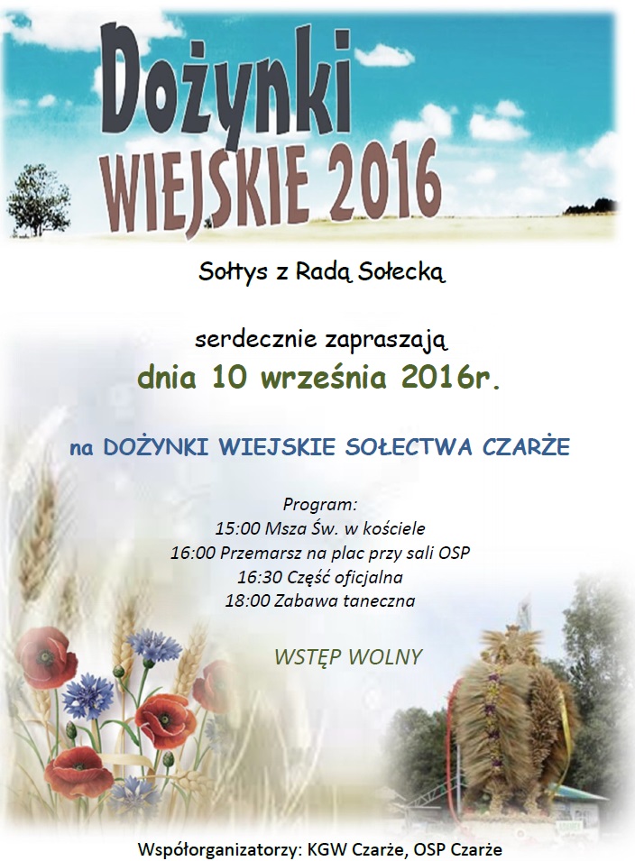 Plakat -Zaproszenie na dożynki w Czarżu (10 września, godz 15)