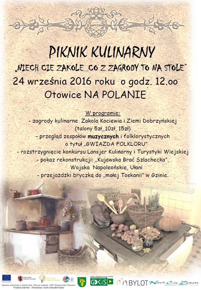 Plakat- Zproszenie na piknik kulinarny. 24 września od 12:00. Otowice "na polanie"